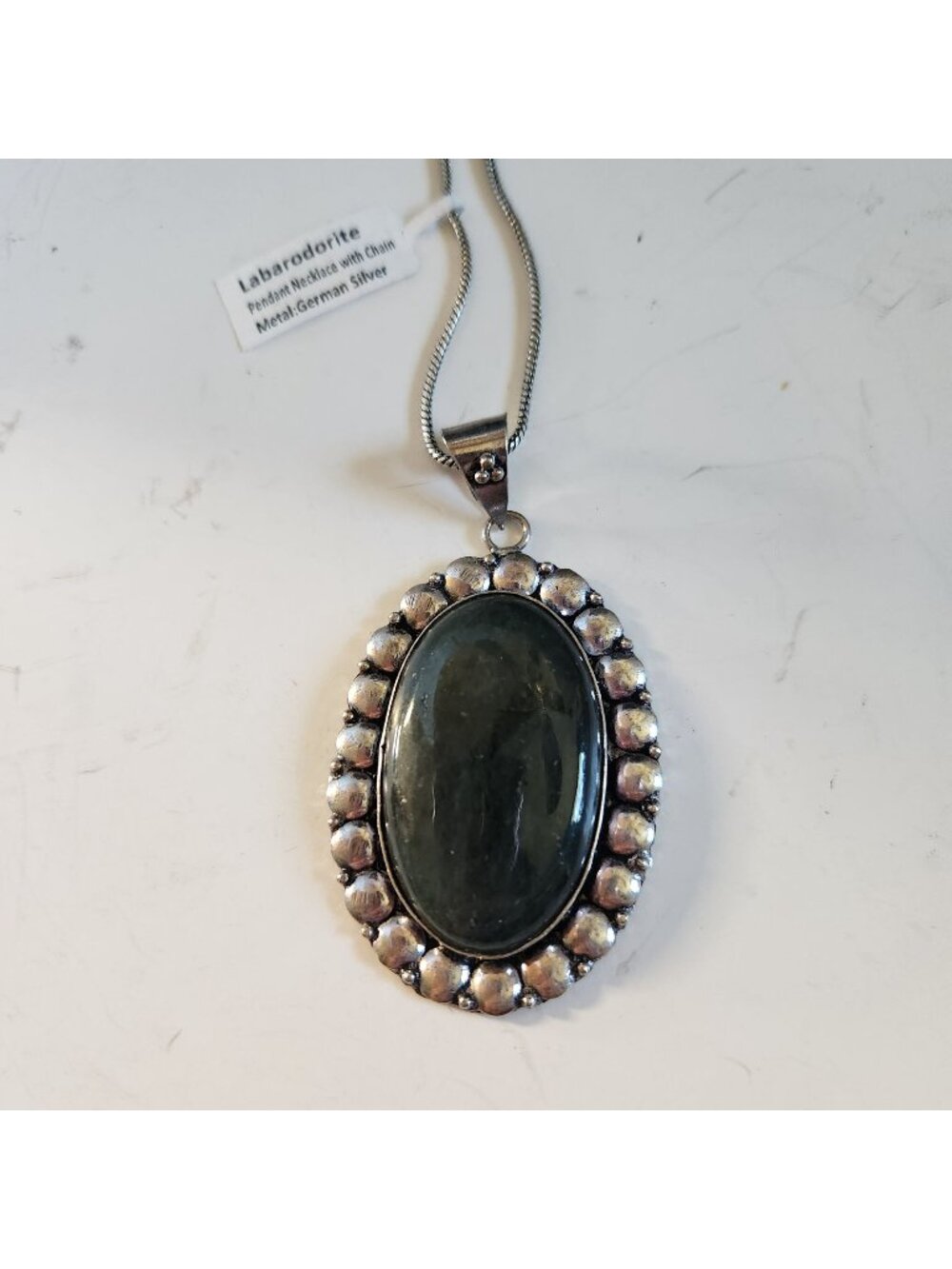 Labradorite Pendant Necklace With German Silver Chain Oval Gemstone Jewelry READ